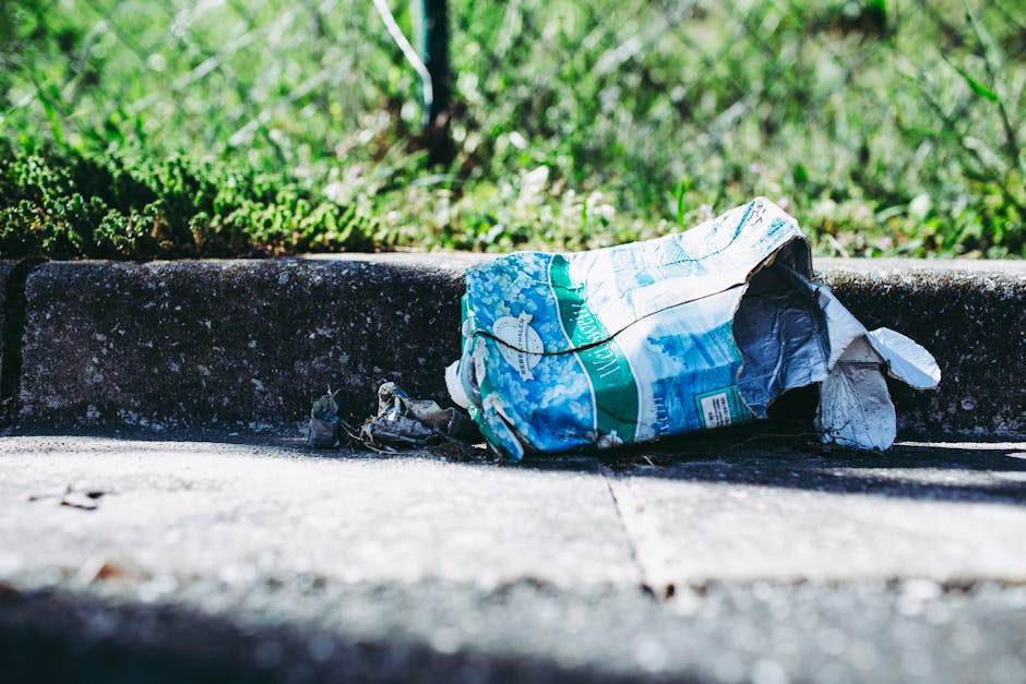 A crumpled plastic bag made from thin, shiny material with a predominantly white and blue design lies abandoned on the edge of a concrete sidewalk curb, partially resting on the paved surface and partially within the grassy area behind. The bag appears to contain some unknown waste, with parts of it torn open or flattened. The surrounding environment features a concrete curb with visible texture, small cracks, and dirt, while the background shows a patch of well-maintained greenery with vibrant green grass and small plants. Natural daylight illuminates the scene, casting soft shadows on the pavement and highlighting the reflective surface of the plastic bag. The scene reflects an example of roadside litter in an urban or suburban setting, relevant to private waste collection services such as those offered by Rubbish Collection Kingston, emphasizing the importance of responsible rubbish removal and the potential need for alternative waste handling methods to maintain cleanliness and environmental quality.