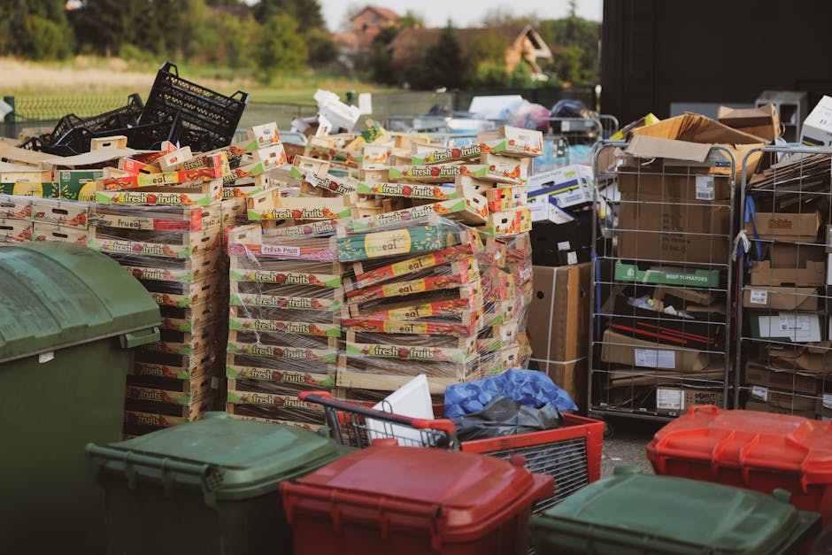 An outdoor scene showing a large pile of stacked cardboard boxes with printed fruit and vegetable labels, specifically for fresh fruits. The boxes are arranged in a somewhat haphazard manner, with some overlapping and leaning to one side. To the right, there are metal wire shelving units filled with various types of waste packaging materials, including cardboard and paper, some of which are partially crumpled or unfolded. In the foreground, there are several closed plastic waste bins in dark green and red colors, with one discarded blue plastic bag lying on the ground next to a small red shopping basket. The background features a grassy area with trees and a few residential buildings in the distance, and the scene is illuminated by natural daylight, giving a clear view of the different textures and finishes of waste materials, which relate to alternative waste handling methods such as private rubbish collection, managed outside a typical municipal system. The setting suggests a site where waste is temporarily stored before onward disposal or collection, consistent with services offered by rubbish removal specialists like Rubbish Collection Kingston.