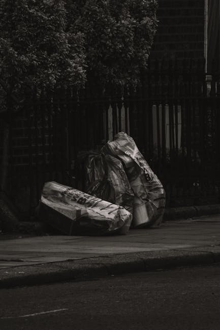 Three large black plastic garbage bags and a cardboard box are placed on the pavement next to a black metal fence, which runs parallel to a concrete road. The garbage bags appear full and are tied at the top, with the cardboard box partially flattened and having visible printed text on its surface. The background includes dense foliage from trees or bushes behind the fence, with some branches and leaves extending slightly above it. The scene is captured in natural daylight, with subtle shadows cast on the pavement, indicating a calm outdoor environment. This arrangement of waste suggests an instance of private rubbish disposal, potentially managed outside standard council collection, and is consistent with services provided by companies specializing in alternative waste handling and rubbish removal in urban areas.
